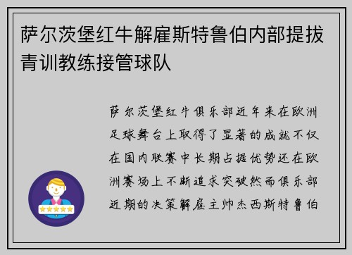 萨尔茨堡红牛解雇斯特鲁伯内部提拔青训教练接管球队 萨尔茨堡红牛解雇斯特鲁伯内部提拔青训教练接管球队